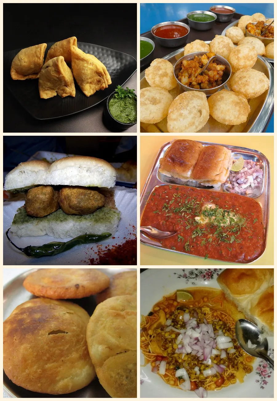 A spread of Indian street food: samosa, pani puri, vada pav, pav bhaji, kachori and misal pav
